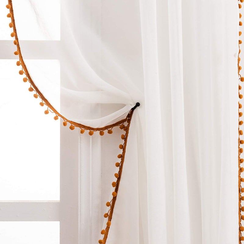 MISS SELECTEX Linen Look Pom Pom Tasseled Sheer Curtains - Rod Pocket Voile Semi-Sheer Curtains for Living and Bedroom, Set of 2 Curtain Panels (52 x 95 inch, White Sheer & Pumpkin Yellow Pom Poms) - Image 1